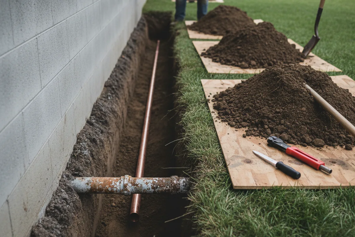 Excavated water line trench during Water Softener Installation in North Chelmsford